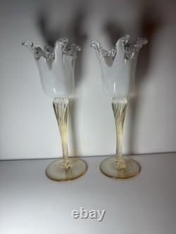Pair Murano Art Glass Candle Holders Italy Ruffled Rim Gold Twist Stem Vintage