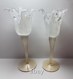 Pair Murano Art Glass Candle Holders Italy Ruffled Rim Gold Twist Stem Vintage