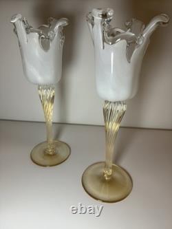 Pair Murano Art Glass Candle Holders Italy Ruffled Rim Gold Twist Stem Vintage