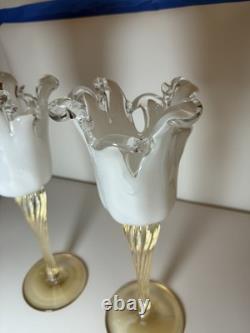 Pair Murano Art Glass Candle Holders Italy Ruffled Rim Gold Twist Stem Vintage