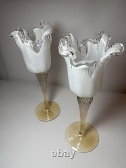 Pair Murano Art Glass Candle Holders Italy Ruffled Rim Gold Twist Stem Vintage