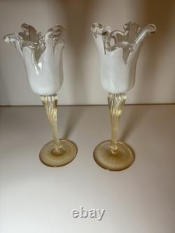 Pair Murano Art Glass Candle Holders Italy Ruffled Rim Gold Twist Stem Vintage