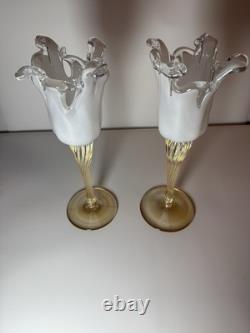 Pair Murano Art Glass Candle Holders Italy Ruffled Rim Gold Twist Stem Vintage