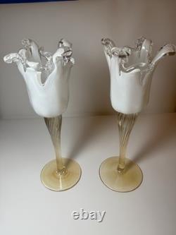 Pair Murano Art Glass Candle Holders Italy Ruffled Rim Gold Twist Stem Vintage
