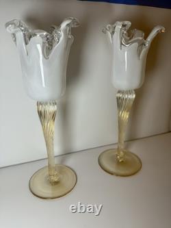 Pair Murano Art Glass Candle Holders Italy Ruffled Rim Gold Twist Stem Vintage