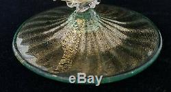 Pair Murano Glass Green & Gold Dolphin Candlestick Holders, Salviati Toso