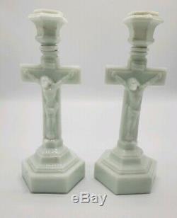 Pair Of 1850's Antique Sandwich Glass Crucifix Candlesticks With Wafer