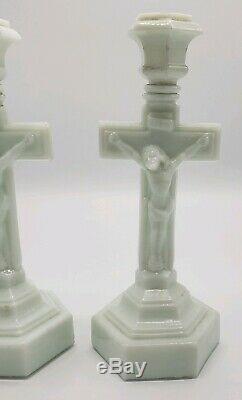 Pair Of 1850's Antique Sandwich Glass Crucifix Candlesticks With Wafer