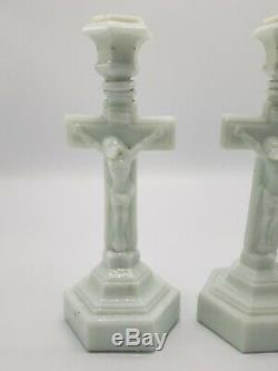 Pair Of 1850's Antique Sandwich Glass Crucifix Candlesticks With Wafer