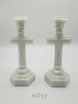 Pair Of 1850's Antique Sandwich Glass Crucifix Candlesticks With Wafer