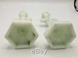 Pair Of 1850's Antique Sandwich Glass Crucifix Candlesticks With Wafer