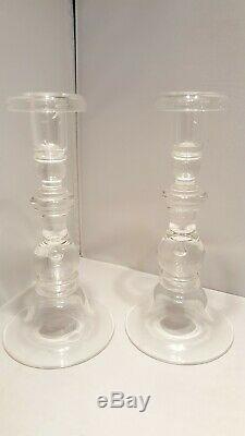 Pair Of 2 Signed 9 Steuben Teardrop Baluster Candlesticks Clear Glass