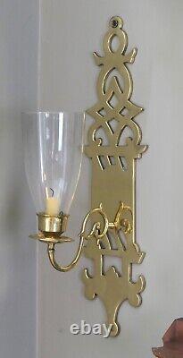 Pair Of 24 Tall Large Solid Brass Glass Hurricane Wall Candle Sconces 4 W