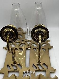 Pair Of 24 Tall Large Solid Brass Glass Hurricane Wall Candle Sconces 4 W