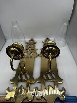 Pair Of 24 Tall Large Solid Brass Glass Hurricane Wall Candle Sconces 4 W