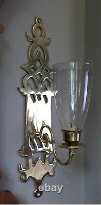 Pair Of 24 Tall Large Solid Brass Glass Hurricane Wall Candle Sconces 4 W