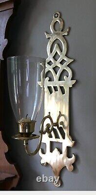 Pair Of 24 Tall Large Solid Brass Glass Hurricane Wall Candle Sconces 4 W