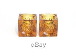 Pair Of 3.5 Viking Glass Bulls Eye Glimmer, Candle Holder, Votive, Cube Amber