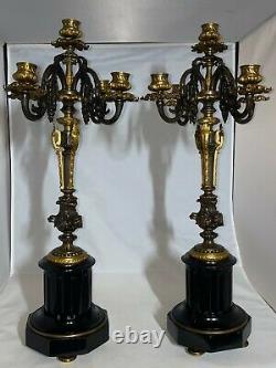 Pair Of Antique Bronze Candelabra W Ornamental Fluted Columns 5 Candle Holder