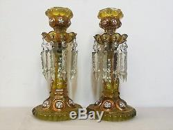 Pair Of Antique Opaline Glass Lusters With Faceted Crystal Prisms & Enamel Work