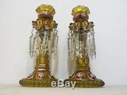 Pair Of Antique Opaline Glass Lusters With Faceted Crystal Prisms & Enamel Work