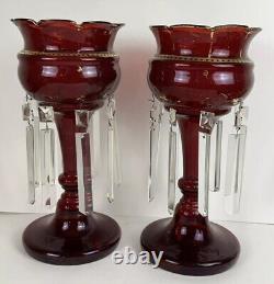 Pair Of Antique Victorian Ruby Red Glass Mantle Candle Lusters Crystal Prisms