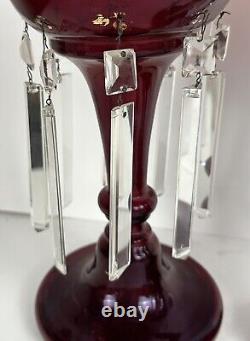 Pair Of Antique Victorian Ruby Red Glass Mantle Candle Lusters Crystal Prisms