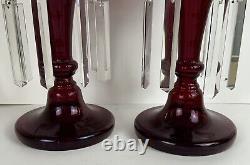 Pair Of Antique Victorian Ruby Red Glass Mantle Candle Lusters Crystal Prisms