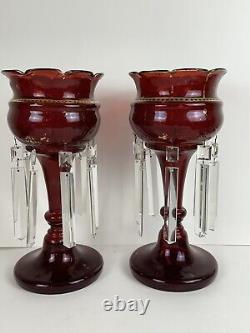 Pair Of Antique Victorian Ruby Red Glass Mantle Candle Lusters Crystal Prisms