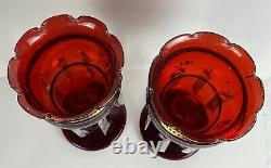 Pair Of Antique Victorian Ruby Red Glass Mantle Candle Lusters Crystal Prisms