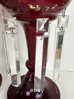 Pair Of Antique Victorian Ruby Red Glass Mantle Candle Lusters Crystal Prisms