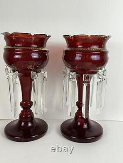 Pair Of Antique Victorian Ruby Red Glass Mantle Candle Lusters Crystal Prisms