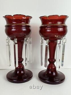 Pair Of Antique Victorian Ruby Red Glass Mantle Candle Lusters Crystal Prisms