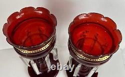 Pair Of Antique Victorian Ruby Red Glass Mantle Candle Lusters Crystal Prisms