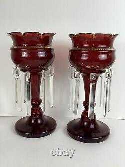 Pair Of Antique Victorian Ruby Red Glass Mantle Candle Lusters Crystal Prisms