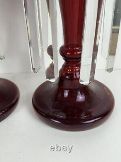 Pair Of Antique Victorian Ruby Red Glass Mantle Candle Lusters Crystal Prisms