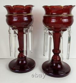 Pair Of Antique Victorian Ruby Red Glass Mantle Candle Lusters Crystal Prisms