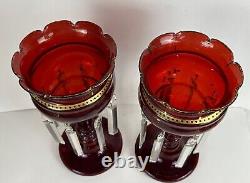 Pair Of Antique Victorian Ruby Red Glass Mantle Candle Lusters Crystal Prisms