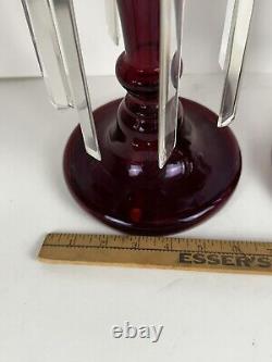 Pair Of Antique Victorian Ruby Red Glass Mantle Candle Lusters Crystal Prisms