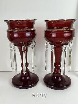 Pair Of Antique Victorian Ruby Red Glass Mantle Candle Lusters Crystal Prisms