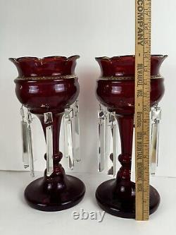 Pair Of Antique Victorian Ruby Red Glass Mantle Candle Lusters Crystal Prisms