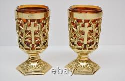 Pair Of Brass Votive Candle Holders With Amber Glass #284