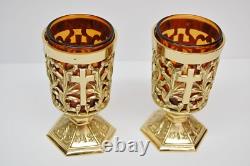 Pair Of Brass Votive Candle Holders With Amber Glass #284