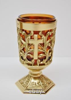 Pair Of Brass Votive Candle Holders With Amber Glass #284