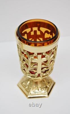 Pair Of Brass Votive Candle Holders With Amber Glass #284
