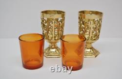 Pair Of Brass Votive Candle Holders With Amber Glass #284