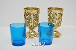 Pair Of Brass Votive Candle Holders With Blue Glass #284
