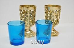 Pair Of Brass Votive Candle Holders With Blue Glass #284