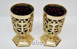 Pair Of Brass Votive Candle Holders With Purple Glass #284
