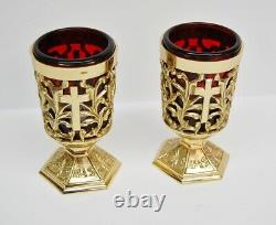 Pair Of Brass Votive Candle Holders With Red Glass #284